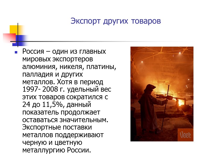 Экспорт других товаров Россия – один из главных мировых экспортеров алюминия, никеля, платины, палладия